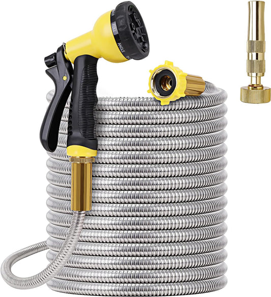FOXEASE Metal Garden Hose 75FT - Stainless Steel Heavy Duty Water Hose with Metal Nozzle & 8 Function Sprayer, Portable & Lightweight Kink Free Yard Hose, Outdoor Hose