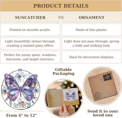 Violet Butterfly Acrylic Suncatcher Stained Glass Effect Window Car Hanging Christmas Ornament Indoor Outdoor Decor Garden Sun Catcher Panels for Butterfly Lover for Women Mom Grandma