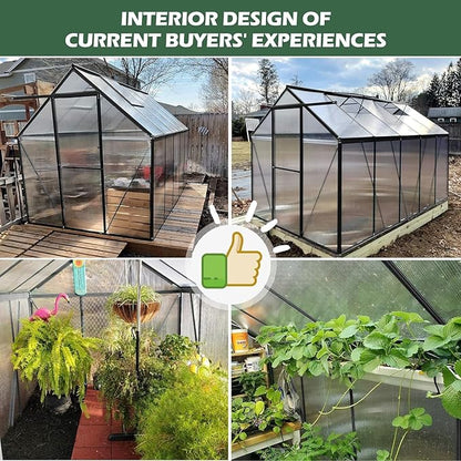 Polycarbonate Greenhouse, 8.2x6.2 FT Easy Assembly Aluminum Heavy Duty Greenhouses for Outdoors w/ Window, Swing Door, Walk-in Green House for Sunroom,Outside, Backyard, Garden, Black