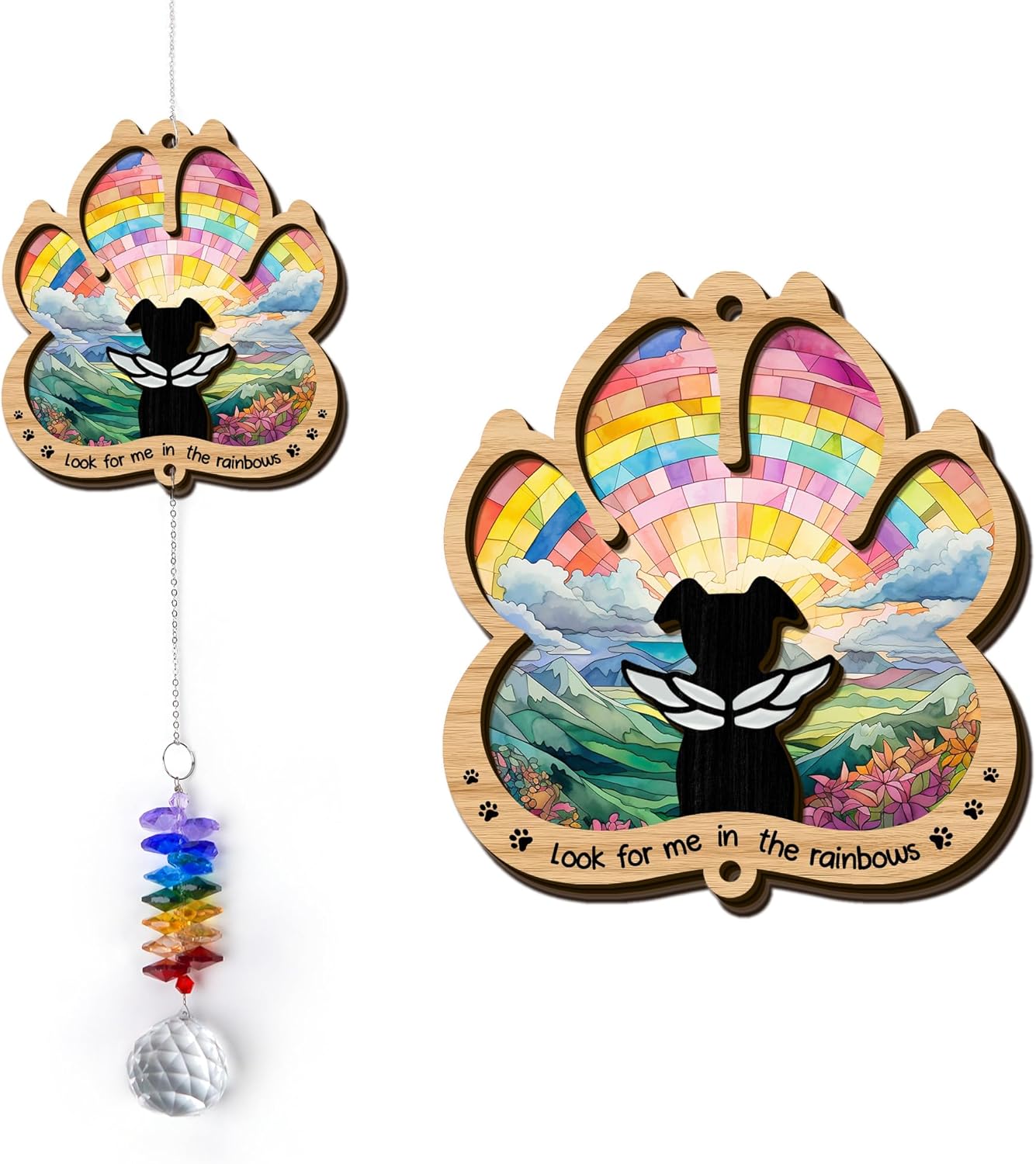 2 Layered Ornament Suncatcher - Rainbow Bridge - Christmas Birthday Gifts for Dog Lover - Dogs Memorial Suncatcher - Pet Sympathy Keepsake - Paw Ornament for Loss of Dog - Rainbow Maker