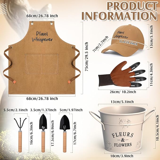 Tarpop Garden Tool Set Plant Whisperer Gardening Gifts for Women, 7 Piece Vegetable Planting Tool Kit with Cap Canvas Apron Gloves Soil Scoop Transplant Trowel Cultivator Flower Tub (Brown)
