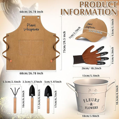 Tarpop Garden Tool Set Plant Whisperer Gardening Gifts for Women, 7 Piece Vegetable Planting Tool Kit with Cap Canvas Apron Gloves Soil Scoop Transplant Trowel Cultivator Flower Tub (Brown)