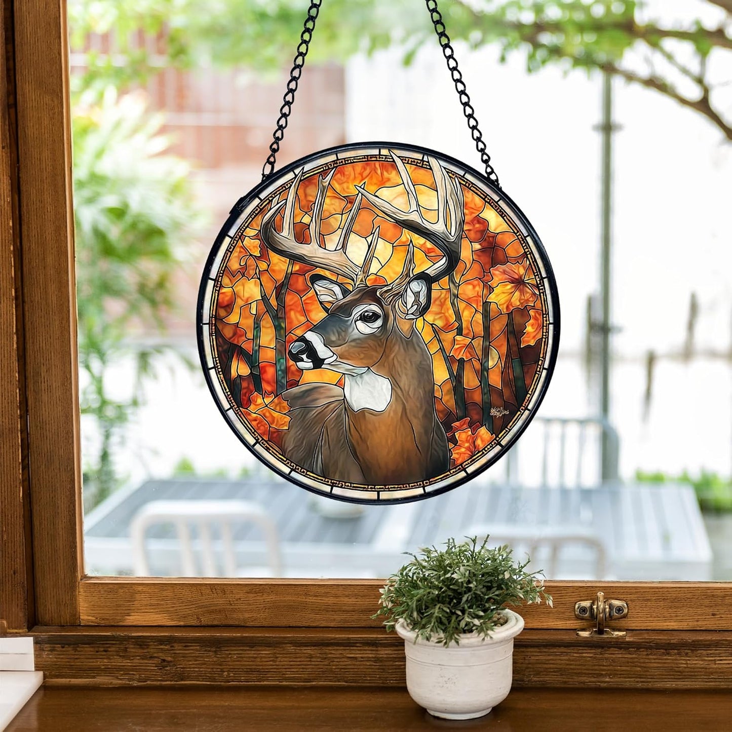 TNUW Fall Deer Stained Glass Window Hanging, Rustic Autumn Forest Wildlife Deer Sun Catchers Indoor Window Glass Round Wall Art Decor, Fall Wall Hanging Decorations, 7.9＂x7.9＂