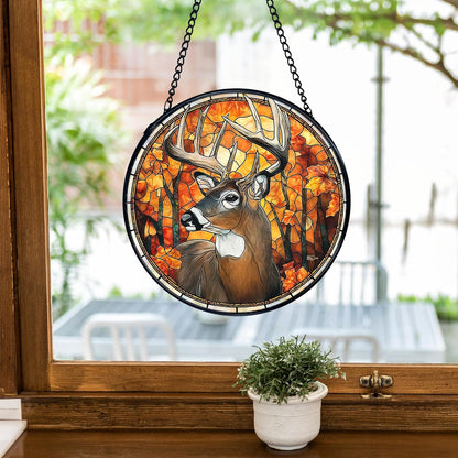 TNUW Fall Deer Stained Glass Window Hanging, Rustic Autumn Forest Wildlife Deer Sun Catchers Indoor Window Glass Round Wall Art Decor, Fall Wall Hanging Decorations, 7.9＂x7.9＂