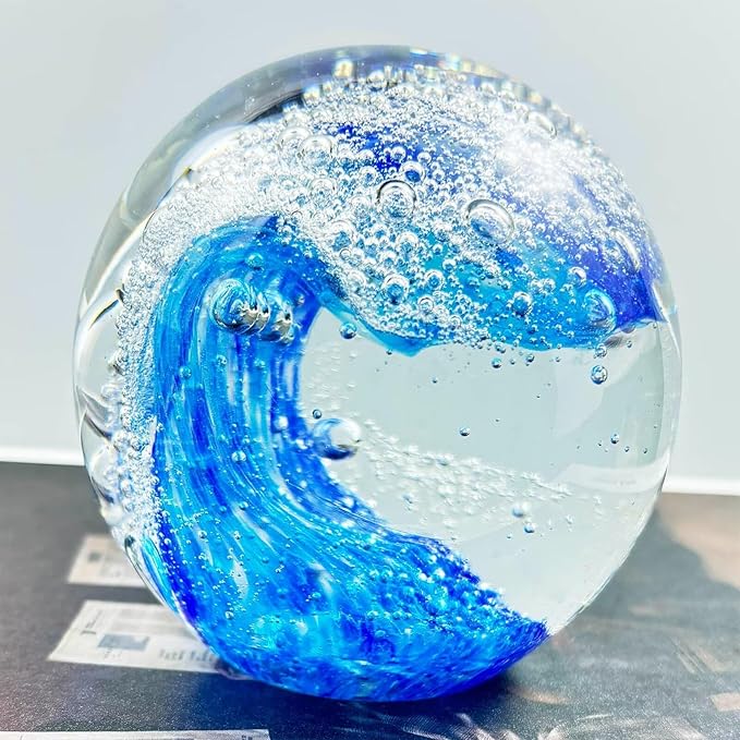 Decorative Crystal Ball Figurines Ocean Waves Paperweight Blown Glass Decor Sea Art Ocean Lovers Gift Blue 3.15"