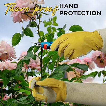 HANDLANDY Rose Pruning Gardening Gloves for Men Women, Thorn Proof Forearm Protection Leather Garden Gloves, Gardening Gifts for Gardeners (Yellow- goatskin, Small (Pack of 1))