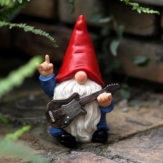Garden Gnome with Guitar 7.1“ Figurine Ornament for Indoor Outdoor Home Patio Yard Lawn, Red Hat
