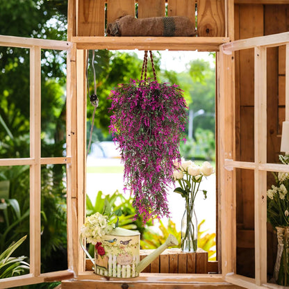 SJL Artificial Flowers for Outdoors Fake Hanging Plant Spring Fake Greenery UV Resistant Artificial Plant Faux Lavender Flower Hanging Greenery Vine for Wedding Farmhouse Porch Shelf Decor (Fuchsia)