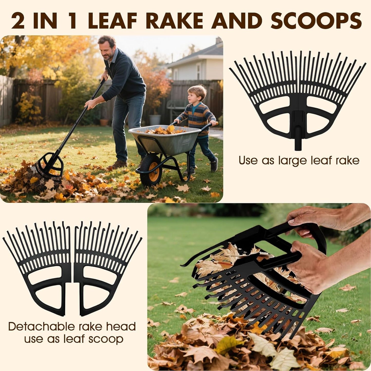 2 in 1 Garden Leaf Rake & Leaf Scoops, Adjustable Leaf Rake for Lawns with Grabber, Hand Rakes for Picking Up Leaves,Pine Needles, Gravel