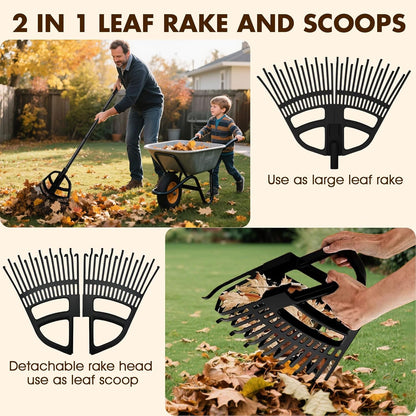2 in 1 Garden Leaf Rake & Leaf Scoops, Adjustable Leaf Rake for Lawns with Grabber, Hand Rakes for Picking Up Leaves,Pine Needles, Gravel