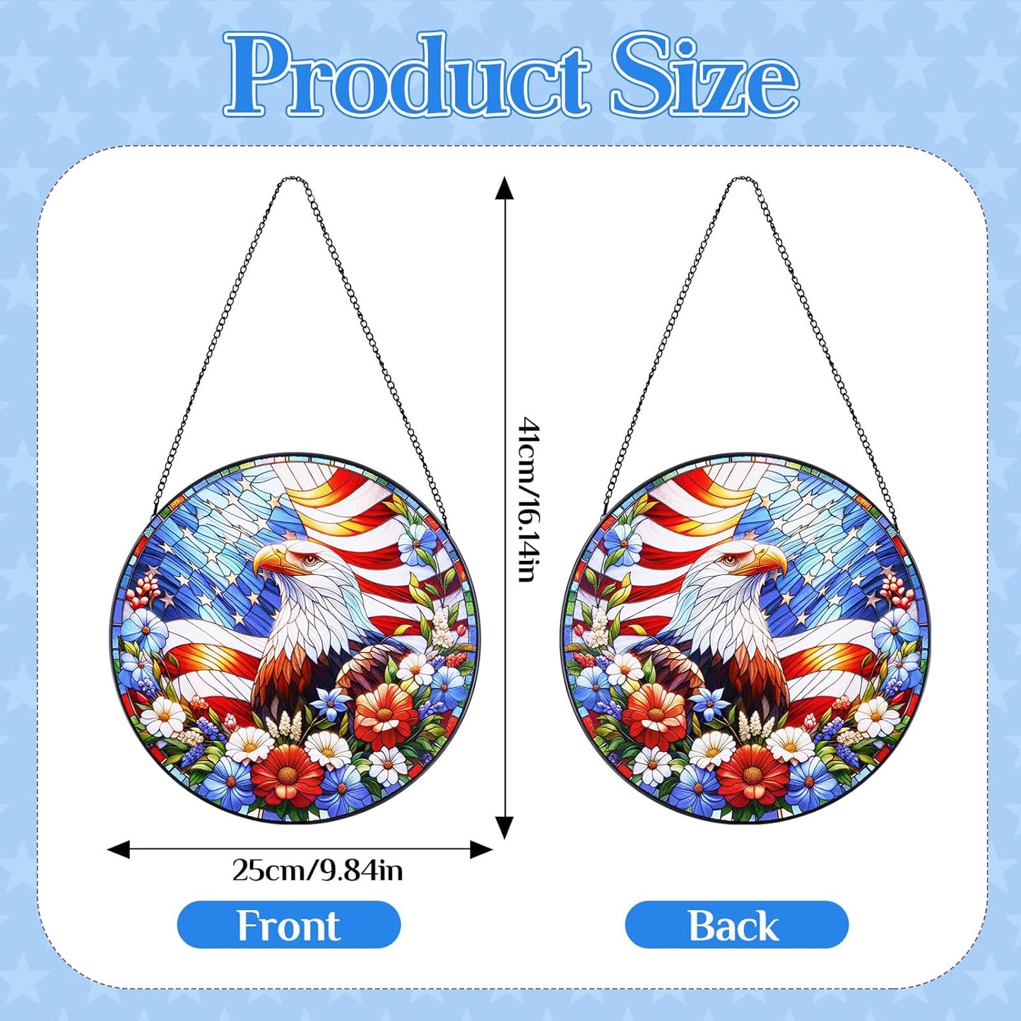 Stained Glass Hanging Bald Eagle Suncatcher, Renyalora 10 Inch Round Real Glass Patriotic Window Panel with American Flag and Wildflowers Sun Catcher for Indoor Windows, Garden, Outdoor Wall Decor