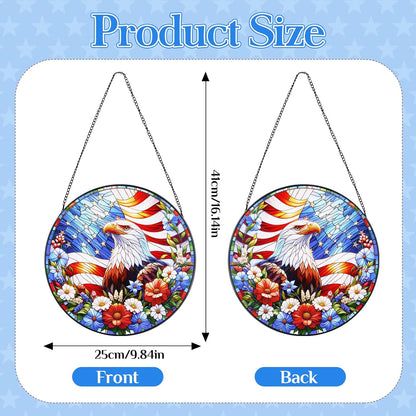 Stained Glass Hanging Bald Eagle Suncatcher, Renyalora 10 Inch Round Real Glass Patriotic Window Panel with American Flag and Wildflowers Sun Catcher for Indoor Windows, Garden, Outdoor Wall Decor