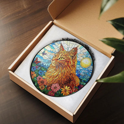 Orange Cat Stained Glass Suncatcher - Orange Cat Lovers Gifts Window Hanging Garden Decor, Memorial Pet Loss Sympathy Ornament, Christmas, Birthday, for Grandma, Friends, Mom, Women