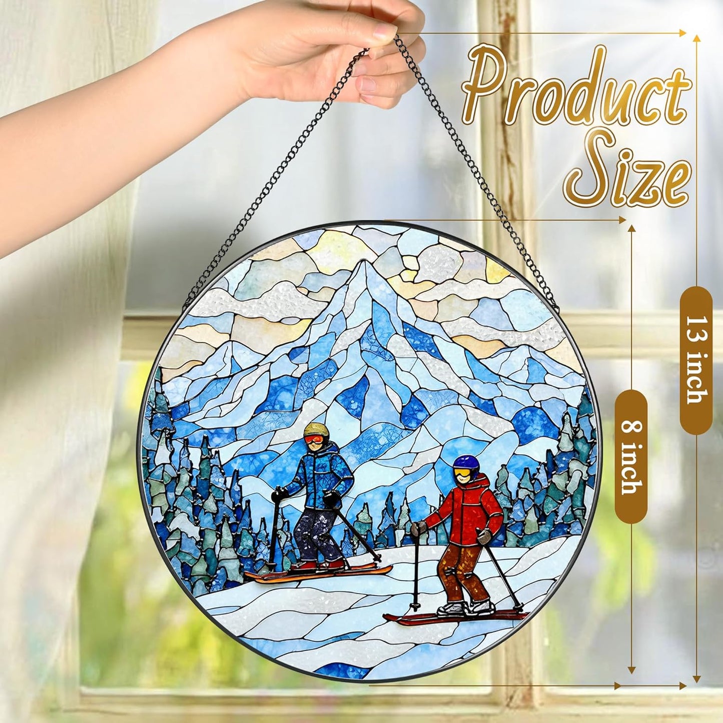 8'' Snowy Mountain Skiers Sun Catcher Ornament, Stained Glass Window Hanging, Sun Catchers for Windows Hanging Ornaments, Window Decor | Ideal Gift, Gift Exchange, Gifts for Skiers