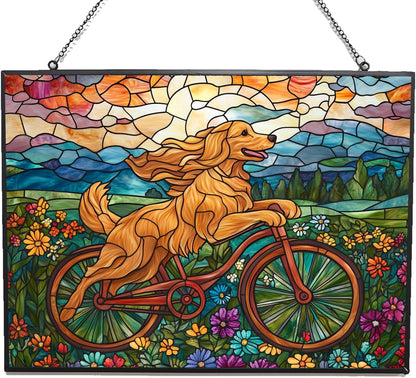 Personalized Rectangle Boho Golden Retriever Biking in Wildflowers Stained Glass Suncatcher Stained Glass Window Hangings Birthday Gift for Mom Grandma Teacher Women Friend Memorial Hook