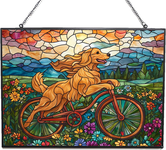 Personalized Rectangle Boho Golden Retriever Biking in Wildflowers Stained Glass Suncatcher Stained