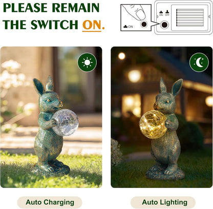 MININOVA Garden Outdoor Statues Rabbit with Solar Light Bunny Figurines Decorations with Wider Base & Reinforced Weight for Patio Yard Lawn Ornaments Gifts for Birthday Christmas Housewarming