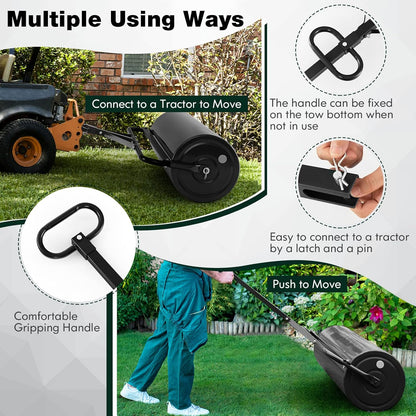 Goplus Lawn Roller, Push/Tow Behind Lawn Roller, 30 Gallon/113L Water Sand Filled Sod Roller Drum Roller with Detachable Gripping Handle, Yard Roller Pull Behind a Tractor for Garden Yard Park Farm
