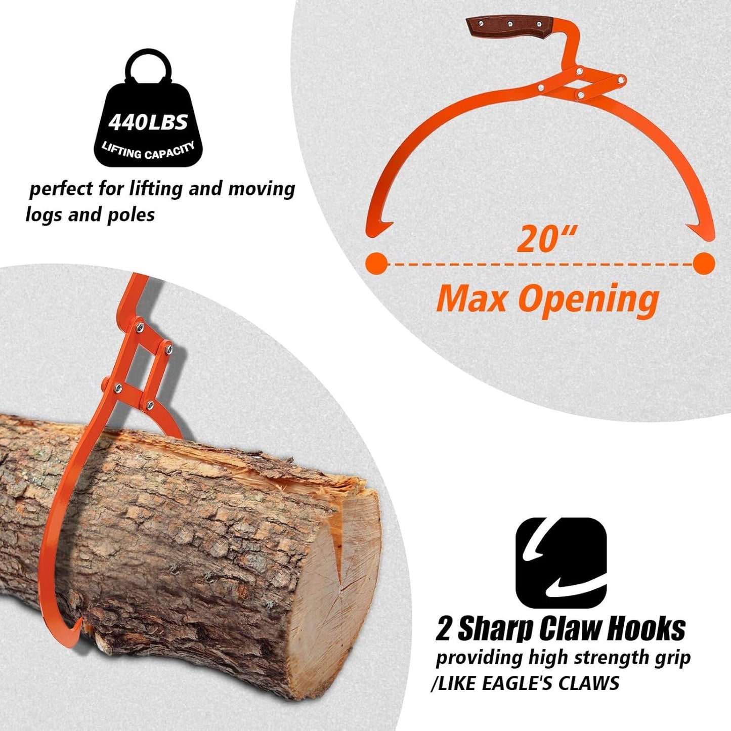 Log Grabber 20", 440LBS Logging Tongs with Gloves Handle Non-Slip Grip Hook, 2 Claw Skidding Tongs, Handling, Grapple Lifting, Dragging Carrying Tool