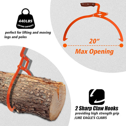 Log Grabber 20", 440LBS Logging Tongs with Gloves Handle Non-Slip Grip Hook, 2 Claw Skidding Tongs, Handling, Grapple Lifting, Dragging Carrying Tool