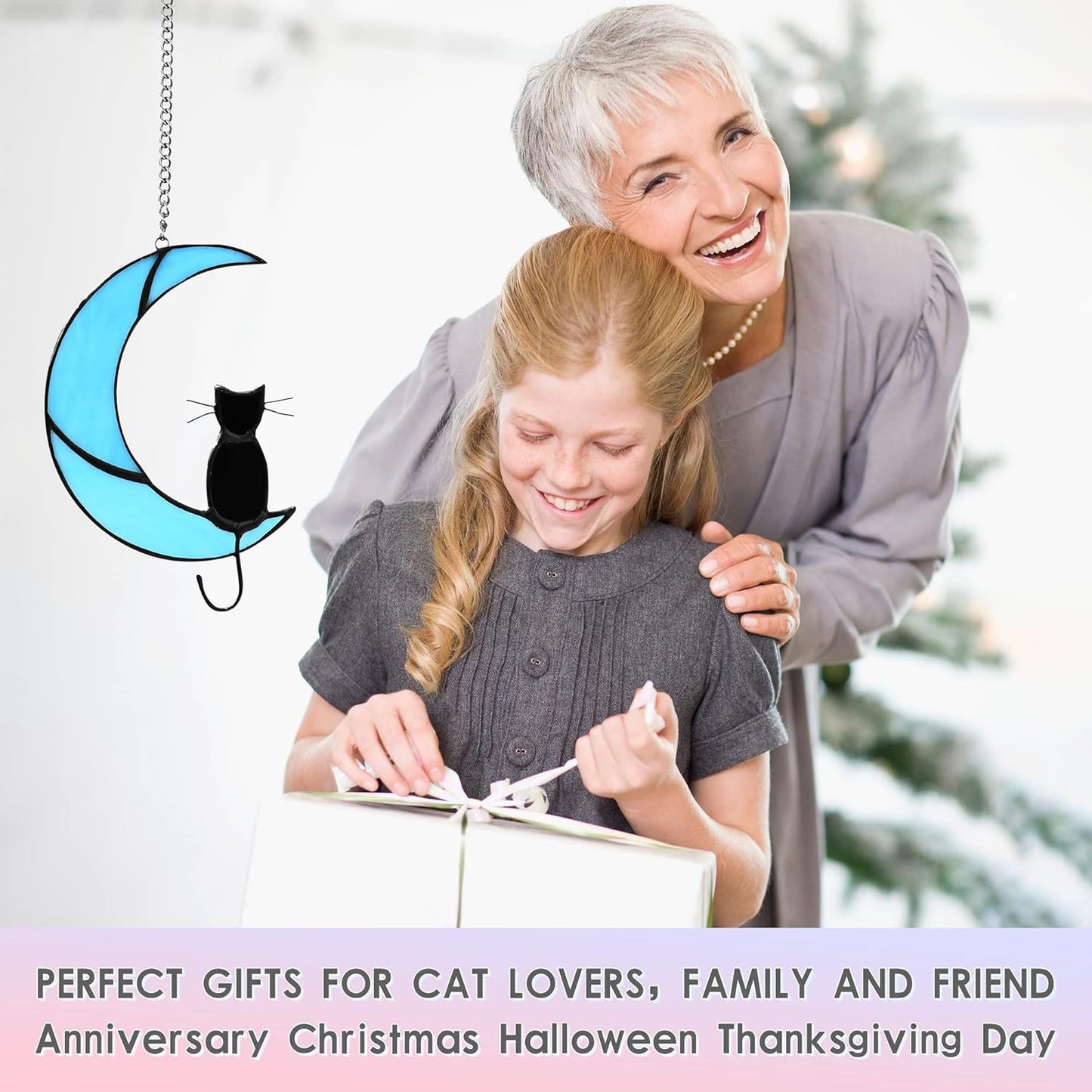 Cat Memorial Gifts Stained Glass Black Cat Decor Window Hanging Ornament Garden Suncatcher Gifts for Cat Lover Cat Gift for Women (Black Cat on Blue Moon)
