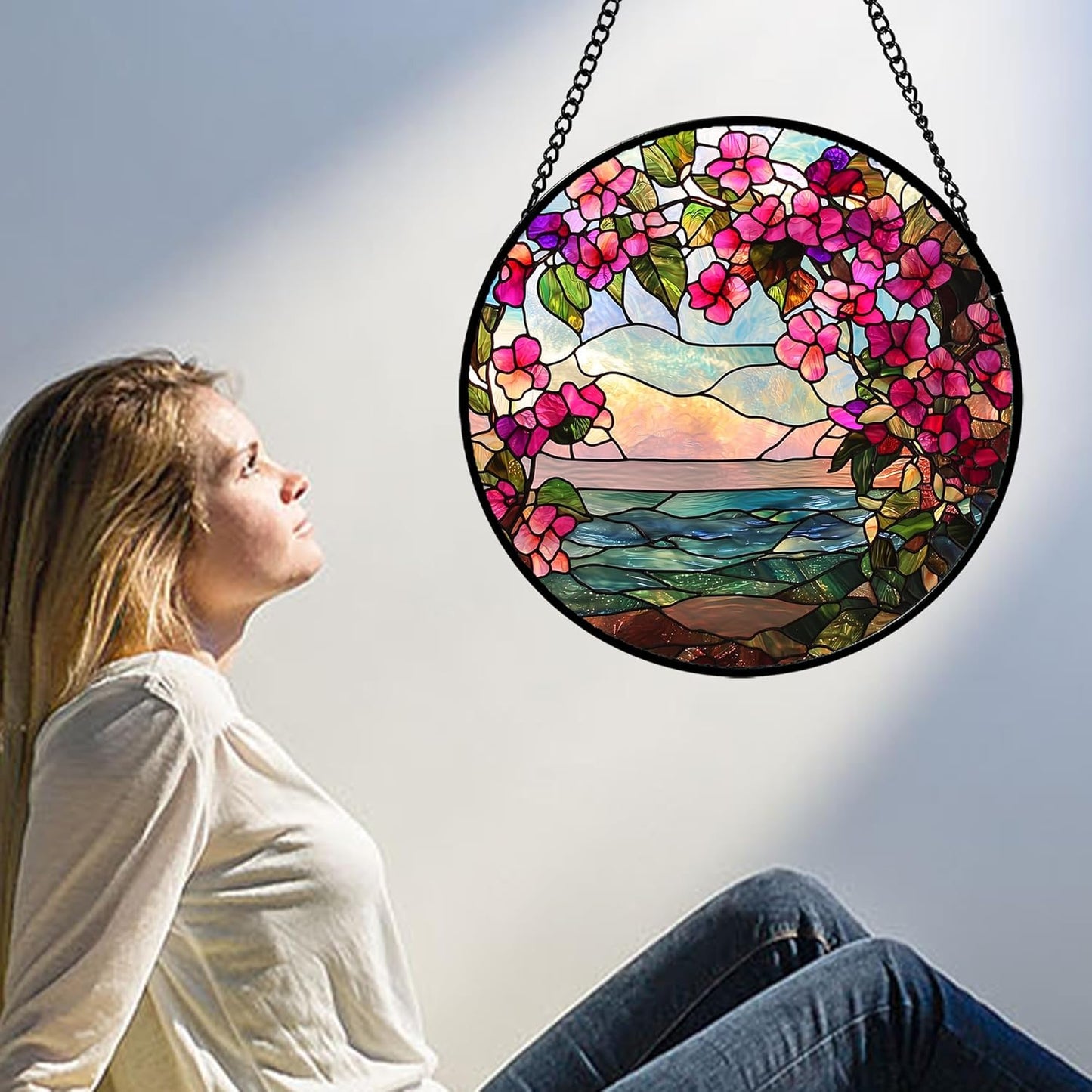 Stained Glass Window Hanging, Purple Flower Landscape Wreath Sun Catcher for Door Home Decor Plants Suncatcher Christmas Mother's Day Birthday Gifts for Women Men Mom Nana 9.8 in