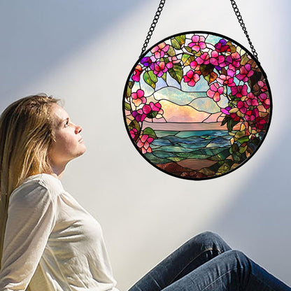 Stained Glass Window Hanging, Purple Flower Landscape Wreath Sun Catcher for Door Home Decor Plants Suncatcher Christmas Mother's Day Birthday Gifts for Women Men Mom Nana 7.8 in