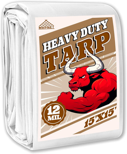 Tarp 15x15 ft Heavy Duty 12mil 100% Waterproof High Durability Multipurpose,Uv Resistant,White Tarp Suitable for Swimming Pools, Boats, Camping, Courtyards, Etc -by MVPNET