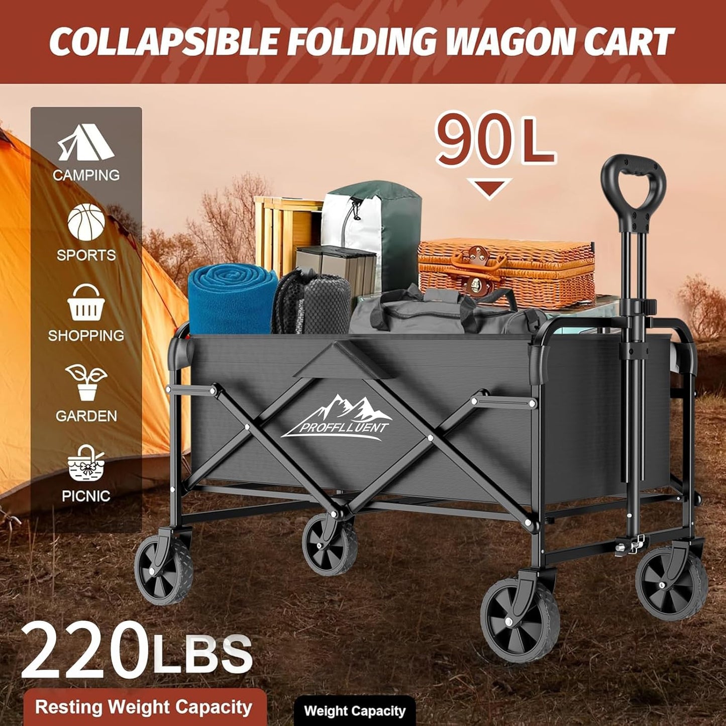 Collapsible Wagon Cart with 5" Removable 360° Swivel Wheels & Handle Adjustable, 220lbs Capacity， Waterproof 600D Oxford Fabric & MDF Base, All-Terrain Portable Utility Cart for Shopping, Garden， Pet