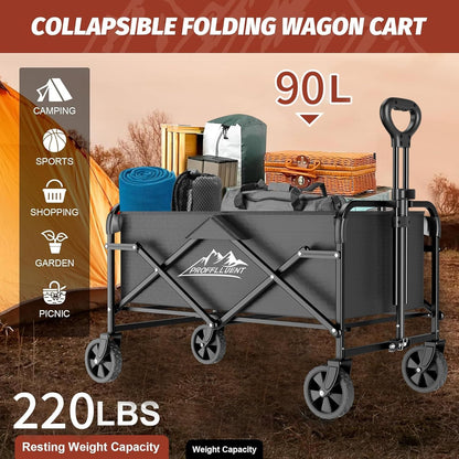 Collapsible Wagon Cart with 5" Removable 360° Swivel Wheels & Handle Adjustable, 220lbs Capacity， Waterproof 600D Oxford Fabric & MDF Base, All-Terrain Portable Utility Cart for Shopping, Garden， Pet
