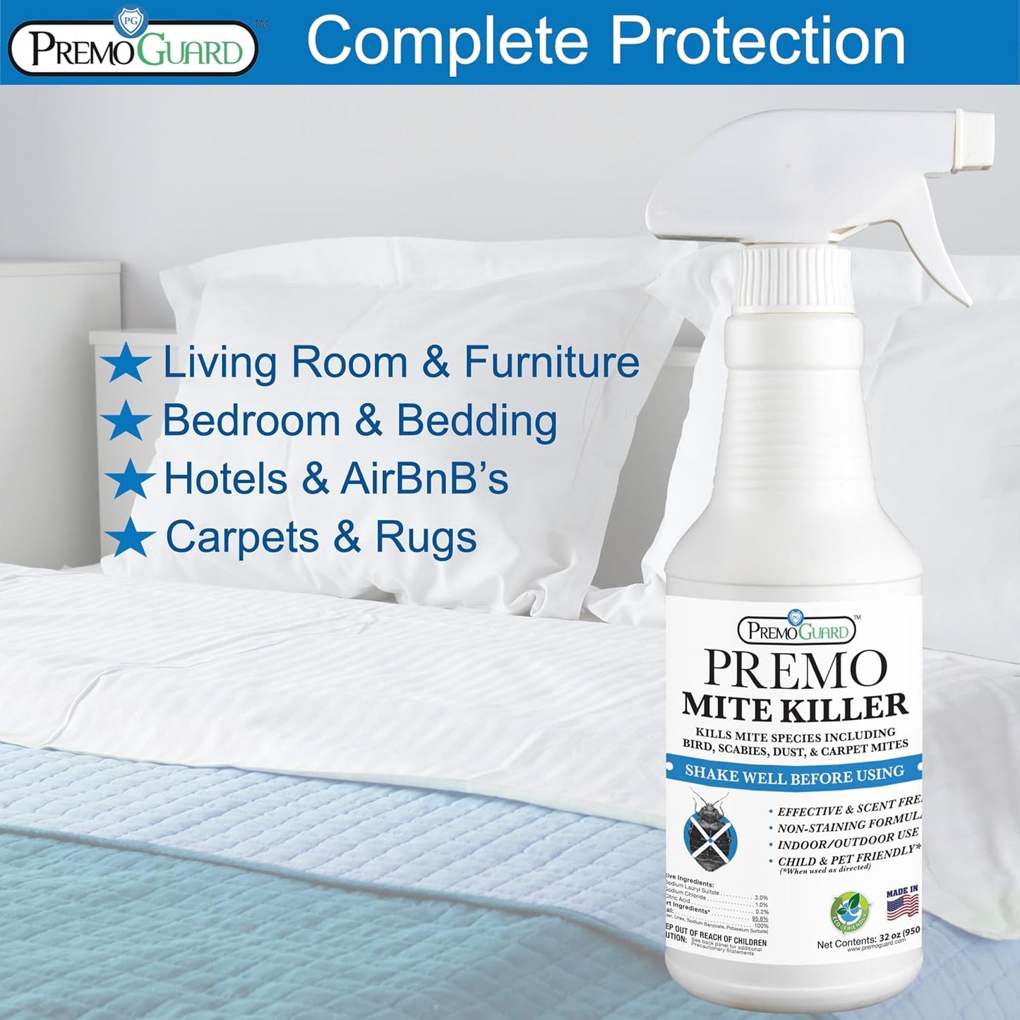 Premo Guard Natural Mite Spray – 32 oz Bottle – Plant Based Treatment for Dust, Spider, Carpet, Bird, Rat Mites – Safe for Families, Pet, Home, Bedding & Furniture When Used As Directed