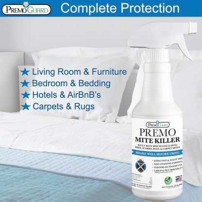Premo Guard Natural Mite Spray – 16 oz Bottle – Plant Based Treatment for Dust, Spider, Carpet, Bird, Rat Mites – Safe for Families, Pet, Home, Bedding & Furniture When Used As Directed