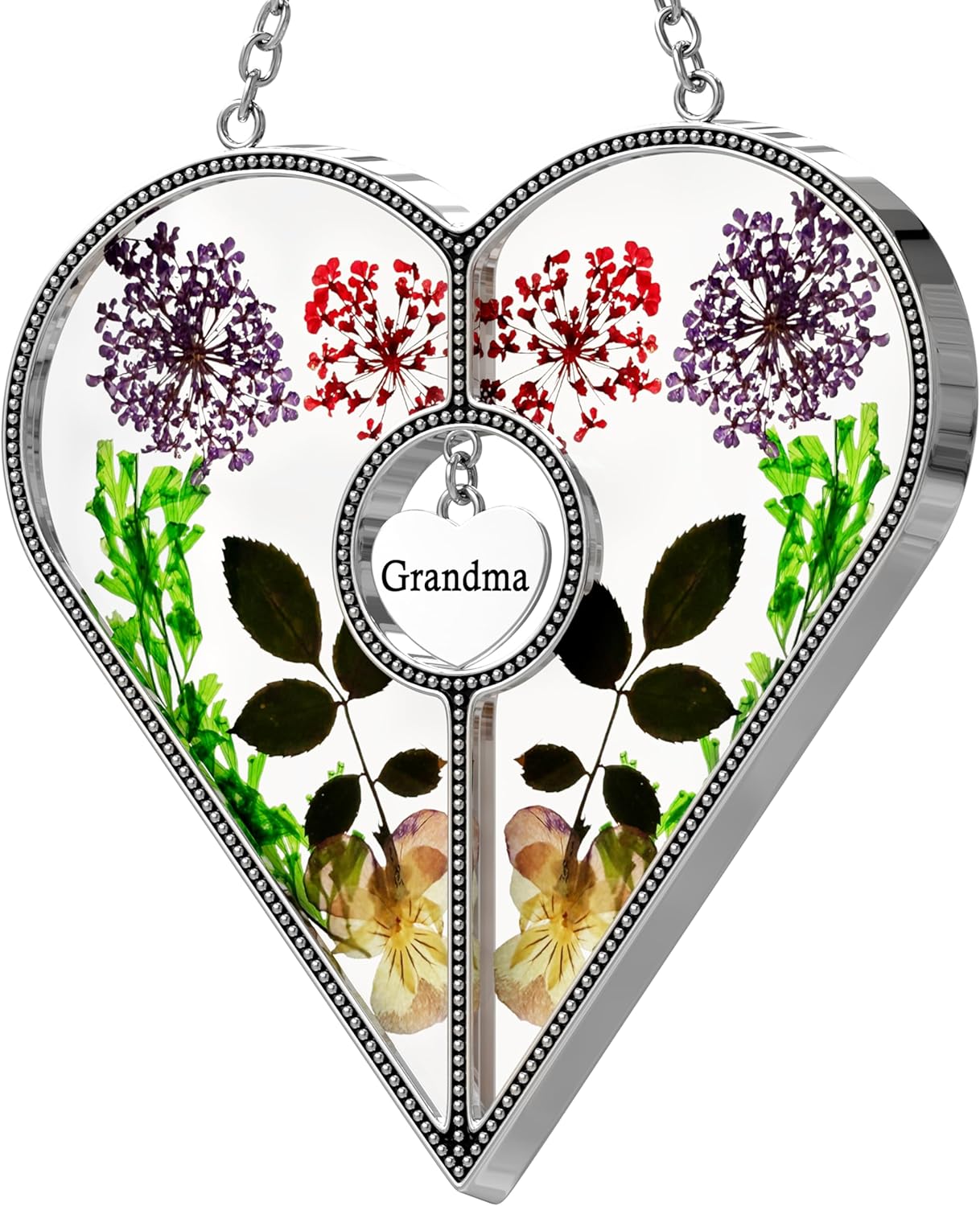 KY&BOSAM Heart Suncatcher Grandma Gifts Stained Glass Panels for Windows Hangings Wind Chime, Pressed Flower and Metal I Love You Heart Charm Windows Indoor Christmas Trees Wedding Party Home Decor