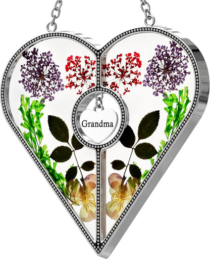 KY&BOSAM Heart Suncatcher Grandma Gifts Stained Glass Panels for Windows Hangings Wind Chime, Pressed Flower and Metal I Love You Heart Charm Windows Indoor Christmas Trees Wedding Party Home Decor