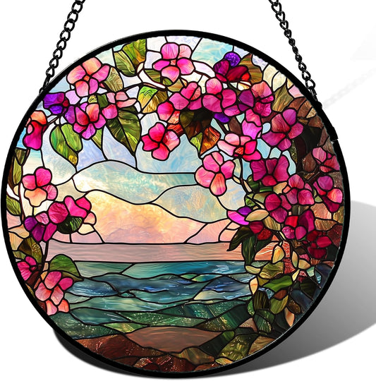 Stained Glass Window Hanging, Purple Flower Landscape Wreath Sun Catcher for Door Home Decor Plants