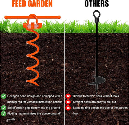 FEED GARDEN 12.2 Inch Spiral Ground Anchors Heavy Duty Screw in Spiral Stakes, 4 Pack Folding Ring Ground Stakes for Securing Dogs,Tents, Trampolines, Canopies, Swing Sets,Orange