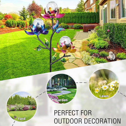 Solar Lights Outdoor Decorative Lotus Flowers Wind Spinner Garden Stake with LED Crackle Balls Solar Wind Sculpture Yard Art Decor for Patio, Lawn & Garden