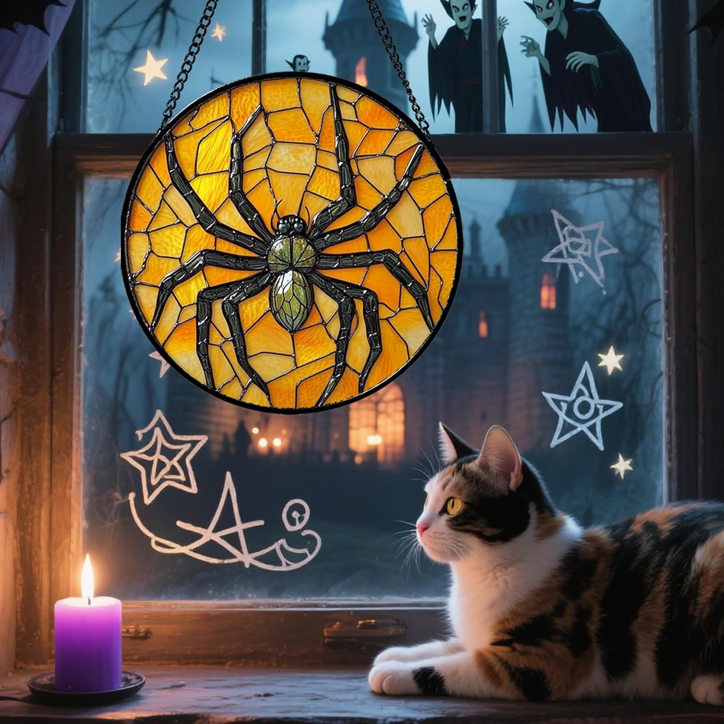Stained Glass Window Hanging - Halloween Decorations Black Spider Suncatcher for Doors Garden Indoor Spooky Funny Sun Catchers Gothic Decor Horror Gifts for Women Men Friend 9.8 in