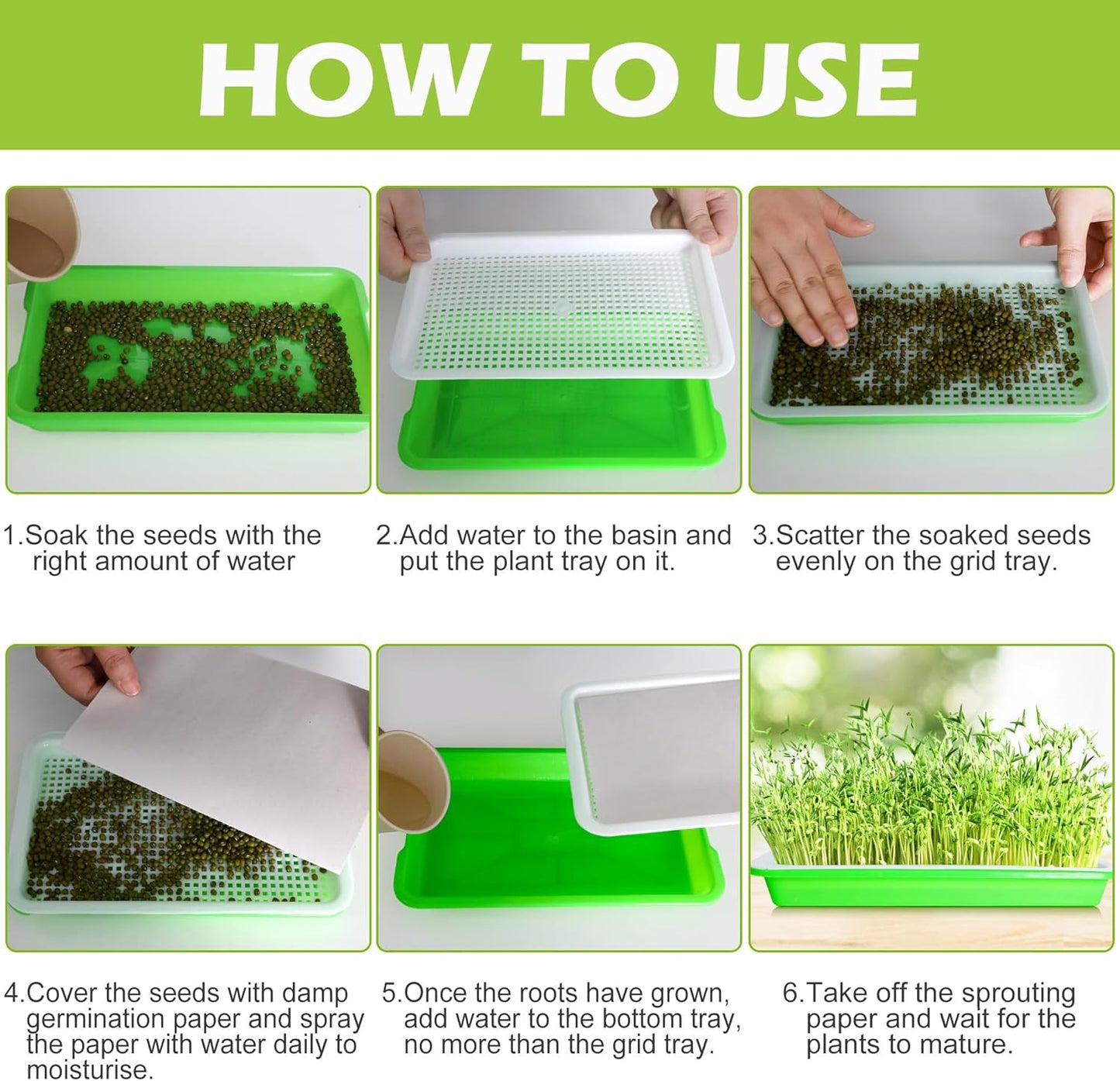 EBaokuup 5 Pcs Seed Sprouter Tray with Drain Holes - BPA Free Seed Germination Propagation Trays, Soil-Free Wheatgrass Bean Sprouts Microgreens Growing Kit with Germinating Paper