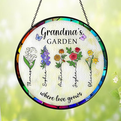 NAZENTI Personalized Mimi's Garden Stained Glass Suncatcher with Birth Month Flowers, Custom Grandma's Garden Window Hanging Ornament, Mothers Day Grandma Mom Gifts, Gifts for Nana Mimi