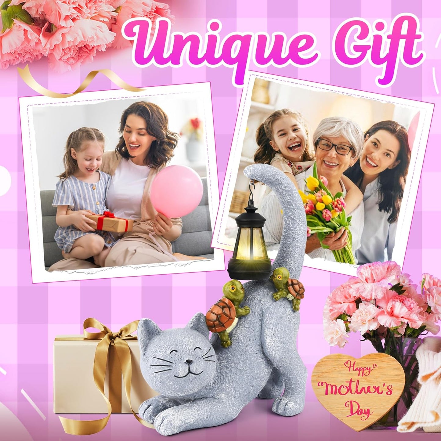 Solar Garden Decor Cat Figurine-Cat Outdoor Statue with Solar Lantern, Loving Turtle Garden Decor for Outside Patio,Porch,Yard, Backyard-Unique Housewarming Gifts for Mom Grandma Women