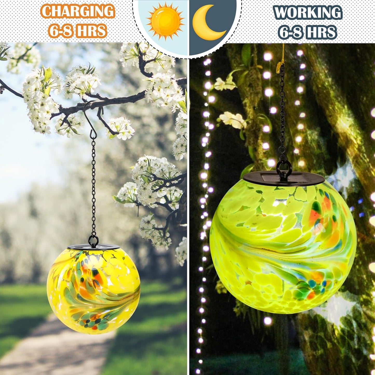 Solar Hanging Lanterns Outdoor Solar Glaze Glass Lantern Gazing Ball Globe Hanging Outdoor Lights for Garden Yard Home Decoration Yellow