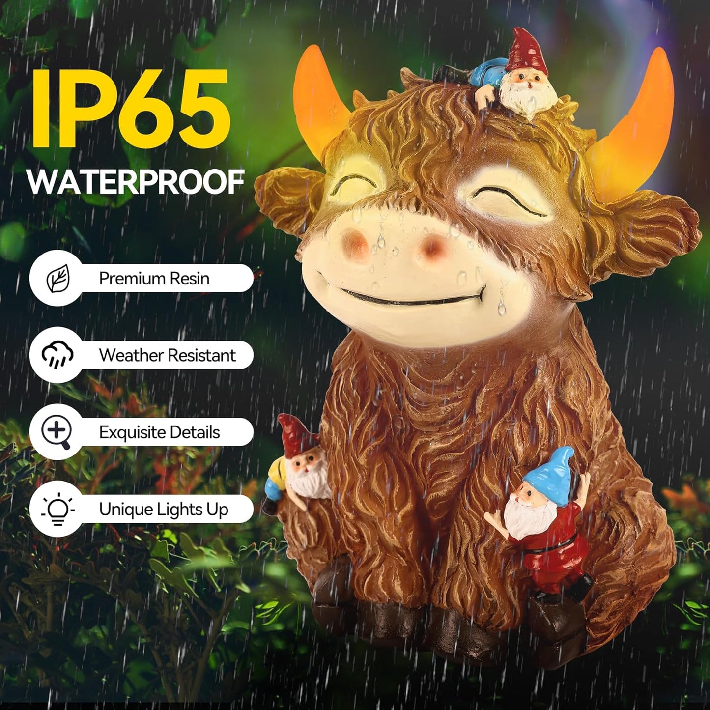 Solar Garden Statue Highland Cow Figurine with Funny Gnomes Garden Outdoor Decor for Yard Patio Lawn Christmas Housewarming Gifts for Women,Mom,Grandma (Brown)