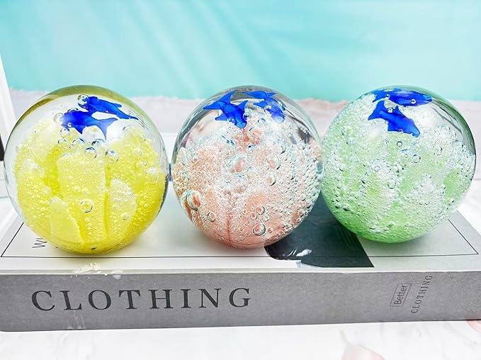 Decorative Crystal Ball Figurines Coral Fish Paperweight Blown Glass Decor Sea Art Ocean Lovers Gift Yellow 3.15"