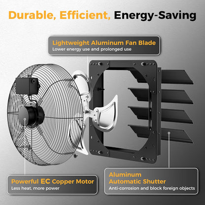 16 Inch EC Motor Shutter Exhaust Fan, 6 Inch Large Touchscreen Controller for Temp Humidity and Speed Control, 10-Speed Wall Mount Fan for Attic, Greenhouse, Garage, Chicken Coop Ventilation