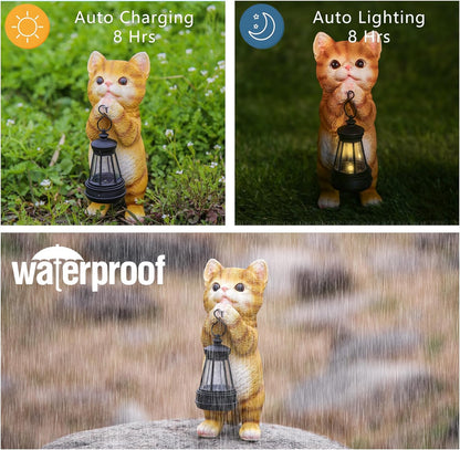 Solar Cat Garden Statue - Adorable Orange Tabby Figurine with Vintage Lantern for Outdoor Decor