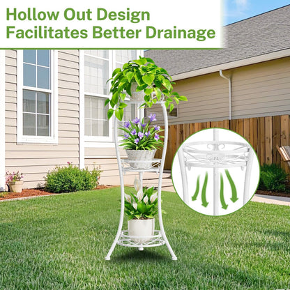 iDavosic.ly 3 Tier Tall Metal Plant Stand Indoor Outdoor, Wrought Iron Corner Flower Pot Holder Shelf, 34 Inch Vertical Display Rack for Patio Porch Living Room Garden, White