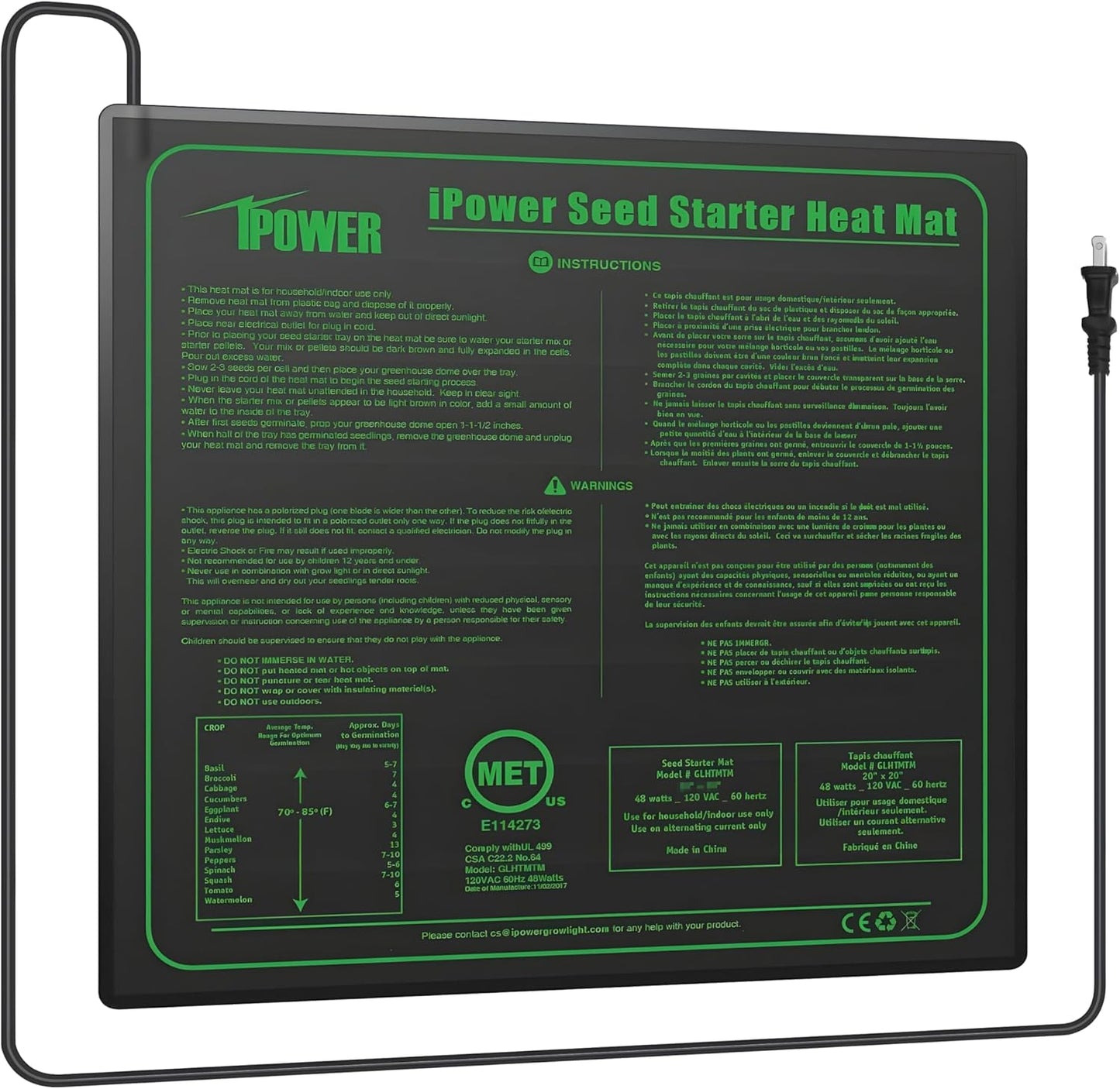iPower Durable Seedling Heat Mat Warm 20" x 20" Hydroponic Heating Pad Waterproof for Seed Starting Greenhouse and Germination
