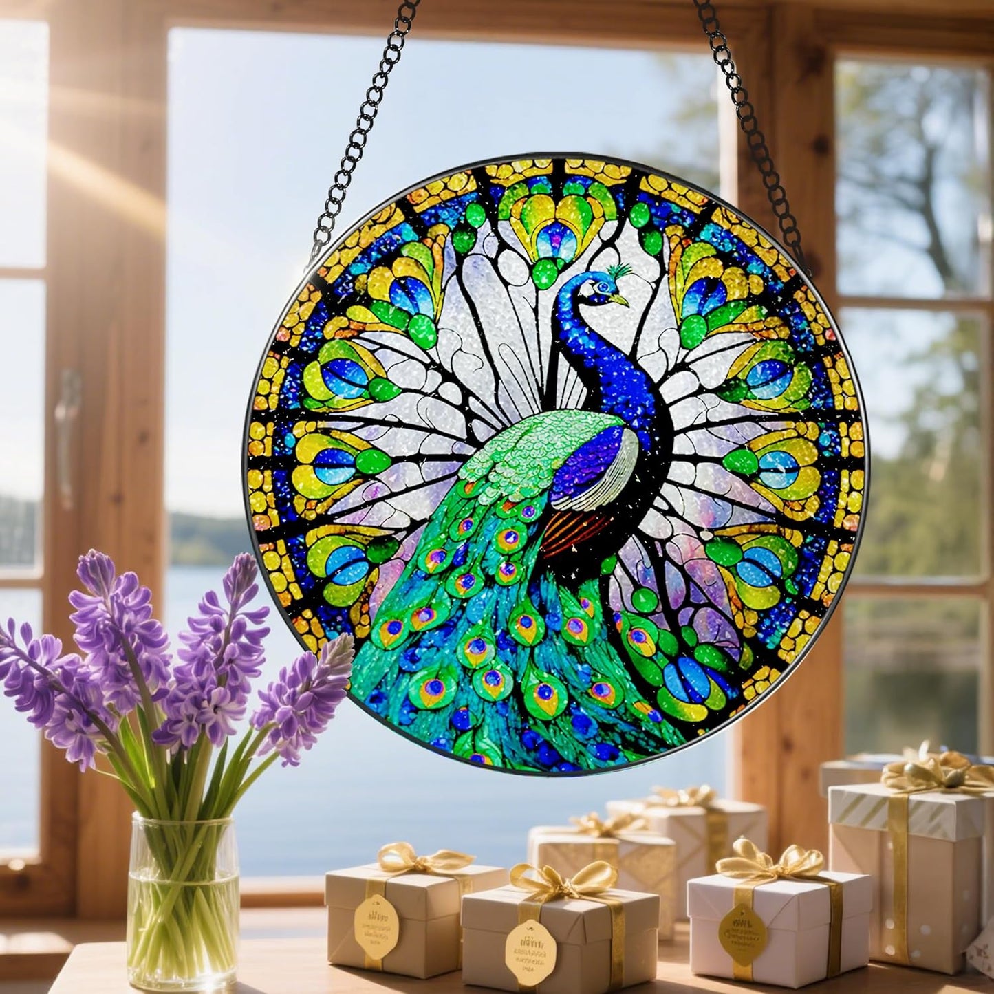 8 Inch Stained Glass Suncatcher Ornament, DOUHASU Peacock Sun Catchers Indoor Window, Stained Glass Window Hanging, Home Decor, Peacock Lovers for Mom, Grandma, Friend, Bestie, Couple