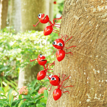 Metal Yard Art Garden Decorative Cute Ant Outdoor Wall Sculptures - Set of 4 Red